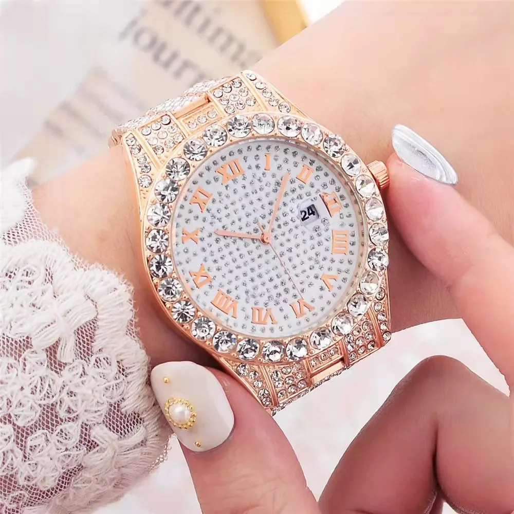 Women\'s Mix Gold Crystal Rhinestone Diamond Stainless Steel Iced Out Wristwatch ManChDa Silver Watch for Women Interior Full Diamond Bling  main image 2