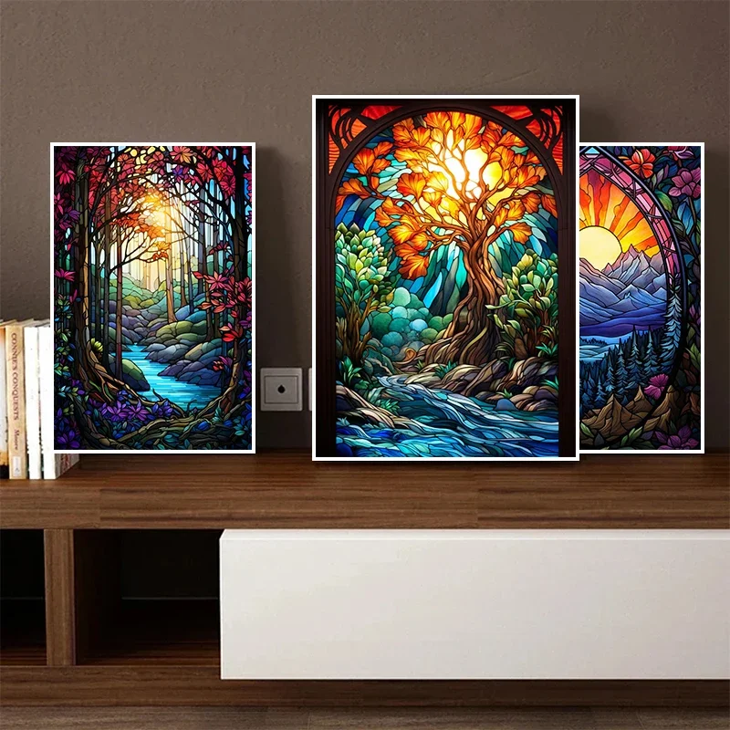 Modern Stained Glass Landscapes Posters Canvas Paintings And Prints HD Pcitures Wall For Living Room Home Decor Frameless Gifts