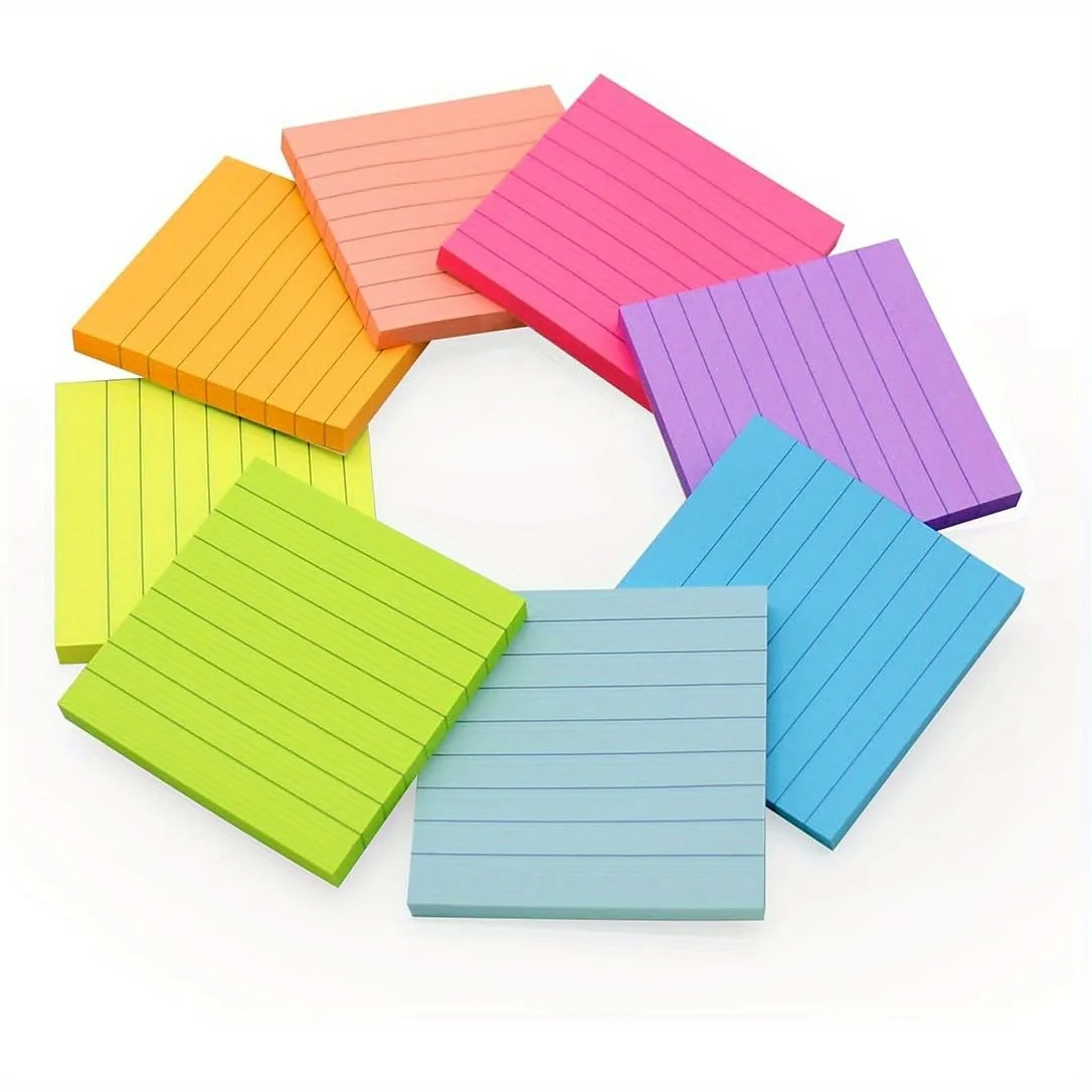 8 Pcs Lined Sticky Notes 3x3 in Bright Ruled Post Stickies Colorful Super Sticking Power Memo Pads,50 Sheets/pad