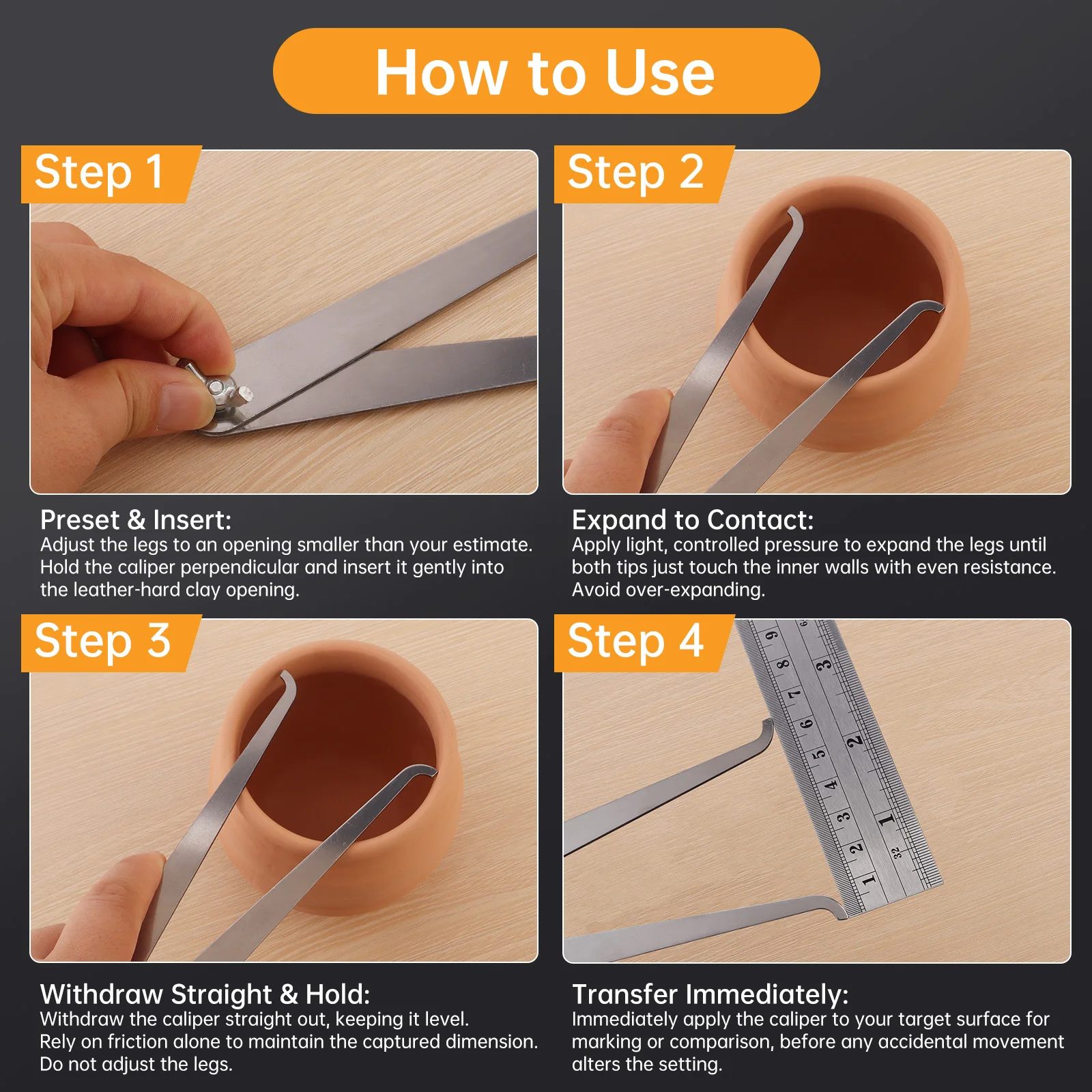 4 / 8 / 10 inch Stainless Steel Pottery Inside Vernier Caliper Measuring Tools for Carving / Clay Sculpture / Shaping