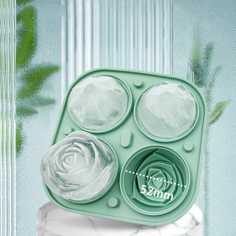 D5 3D Rose Diamond Ice Mold Large Ice Cube Tray Make 4 Giant Cute Flower Shaped Ice Cubes Silicone Rubber Fun Large Ball Maker