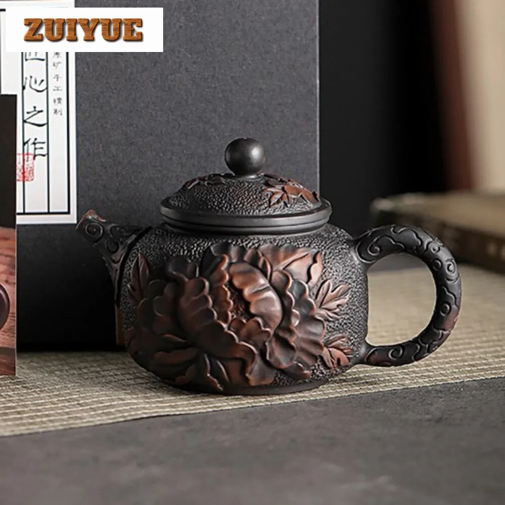 180ML Yixing Tea Pot Purple Clay Teapots Beauty Kettle Black Mud Hand Hand Carved Lotus Illustration Pot Home Handmade Tea Set