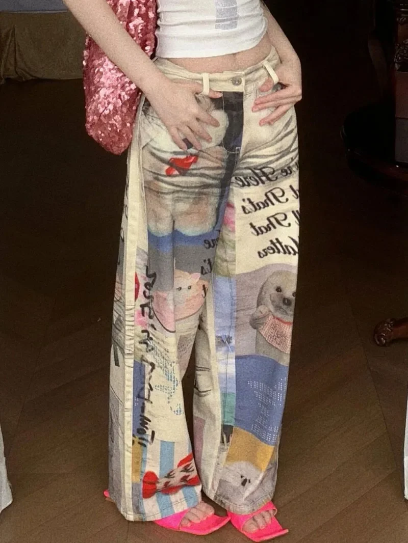 

2025 New American Street Washed Printed Cartoon Jeans for Women Loose and Slimming Wide Leg Casual Pants Female Clothing