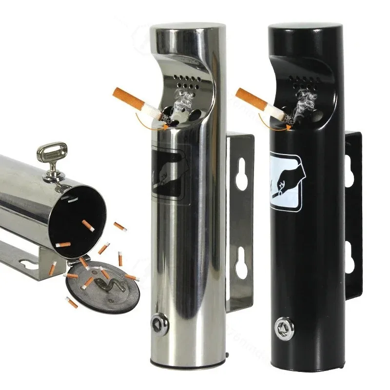 Wall Mounted Stainless Steel Ashtray Lockable Cylinder Cigarette Ash Bin for Outdoor Patio Public Cigarette Ash Tray Ashtray