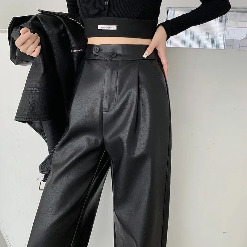 

2024 Autumn/Winter New PU Leather Pants Women High Waist Wide Leg Female Pants Casual Long Trouser Woman