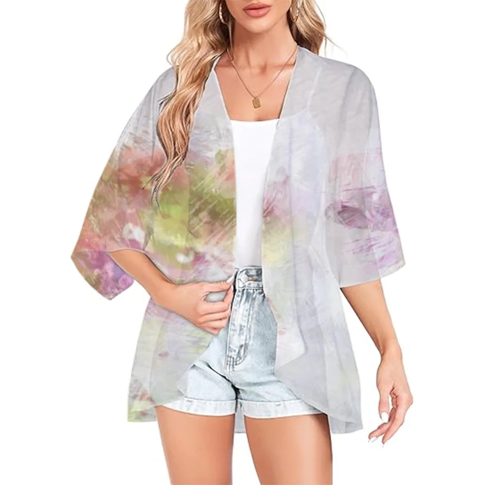 Summer Women'S Short Sleeve Kimono Cardigan Color Block Sheer Shawl Capes Chiffon Beach Cover-Up Casual Loose Flowy Blouse Tops