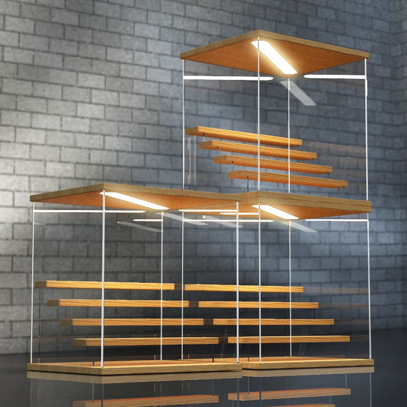 Clear Acrylic Display Case with Light for Collectibles, Wood Laminate Base Assemble Box Countertop Cube Organizer for Toys&Games