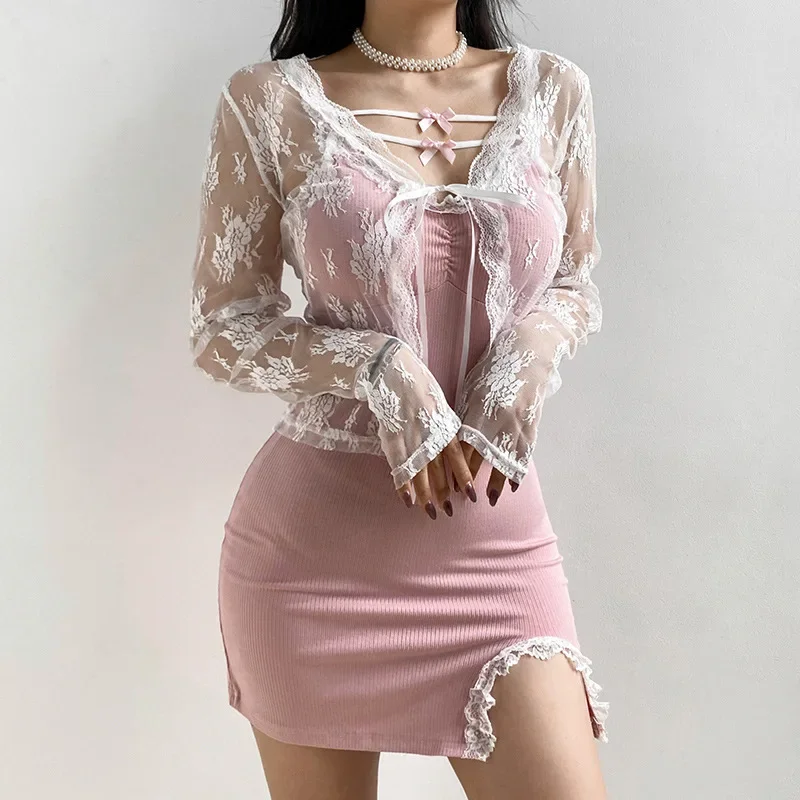 Frauen Sexy Durchsichtige Strickjacken Langarm Spitze Mesh Spitze Vintage Spitze Krawatte Up Floral Crop Tops Streetwear Strickjacken