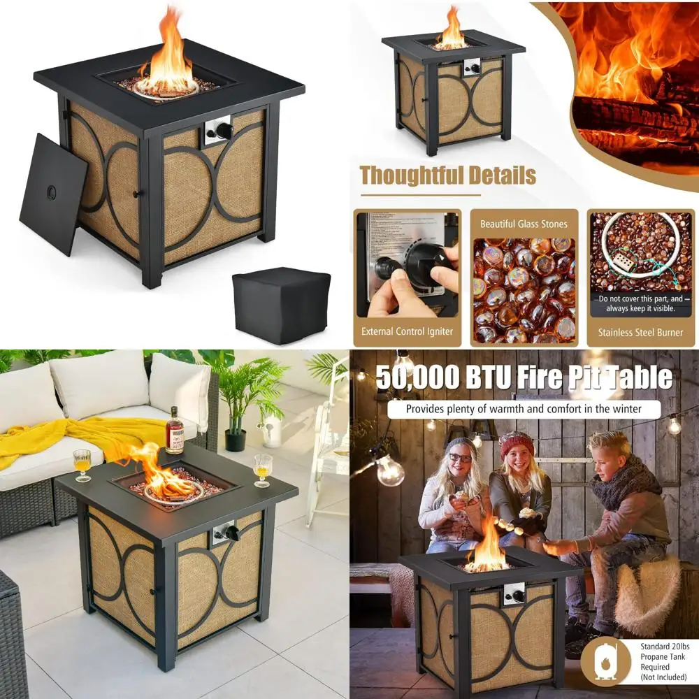 

28 Квадратный стол для костра на открытом воздухе — металлический стол для костра 50 000 БТЕ с крышкой, крышкой из ПВХ, стеклянными камнями, одобренным CSA, дизайн 2 в 1