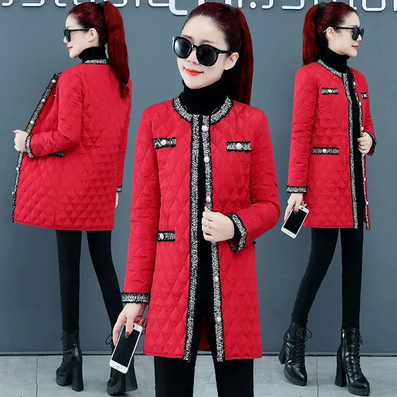 2023 Winter Women's New Korean Loose Cotton-padded Jacket Diamond Lattice Light Down Cotton Female Mid Length Slim Padded Coat