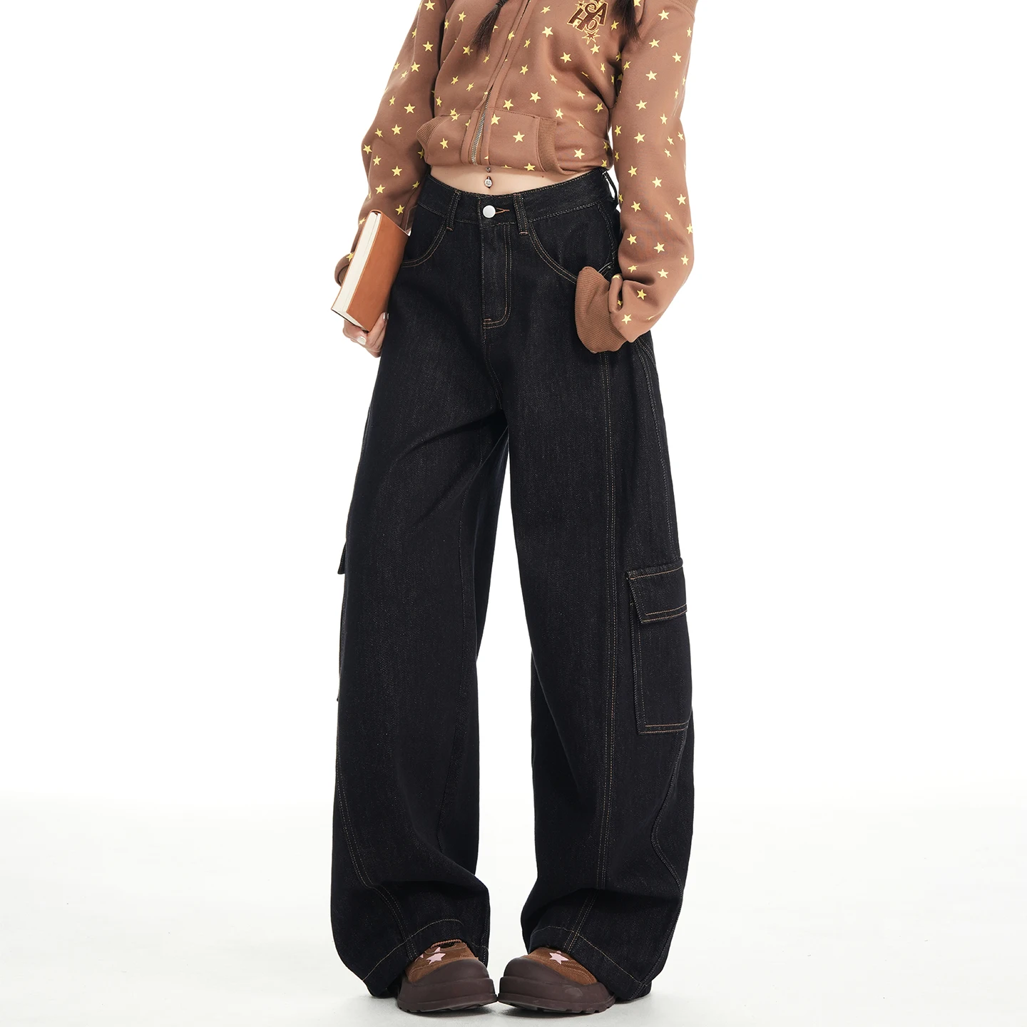 Damskie czarne jeansy z szerokimi nogawkami, wysoki stan, styl Y2K, wiosna 2026, amerykański vintage, casualowe spodnie cargo, luźny krój, długie spodnie damskie, Daza