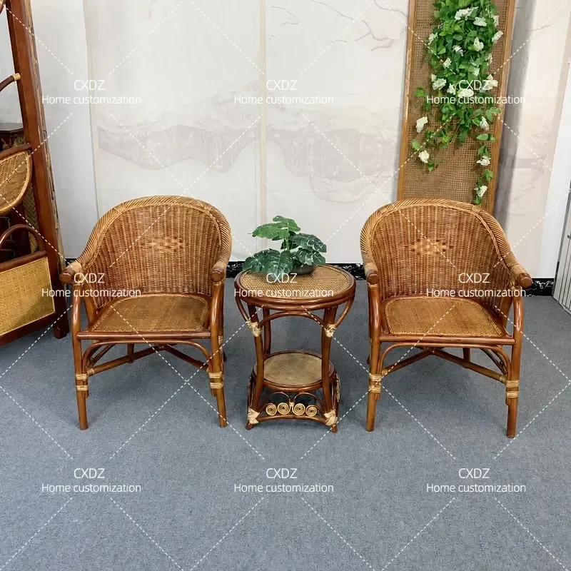 Natural Rattan Chair 3 Piece Set with Backrest for Elderly Balcony Leisure Reading Chair Household Furniture