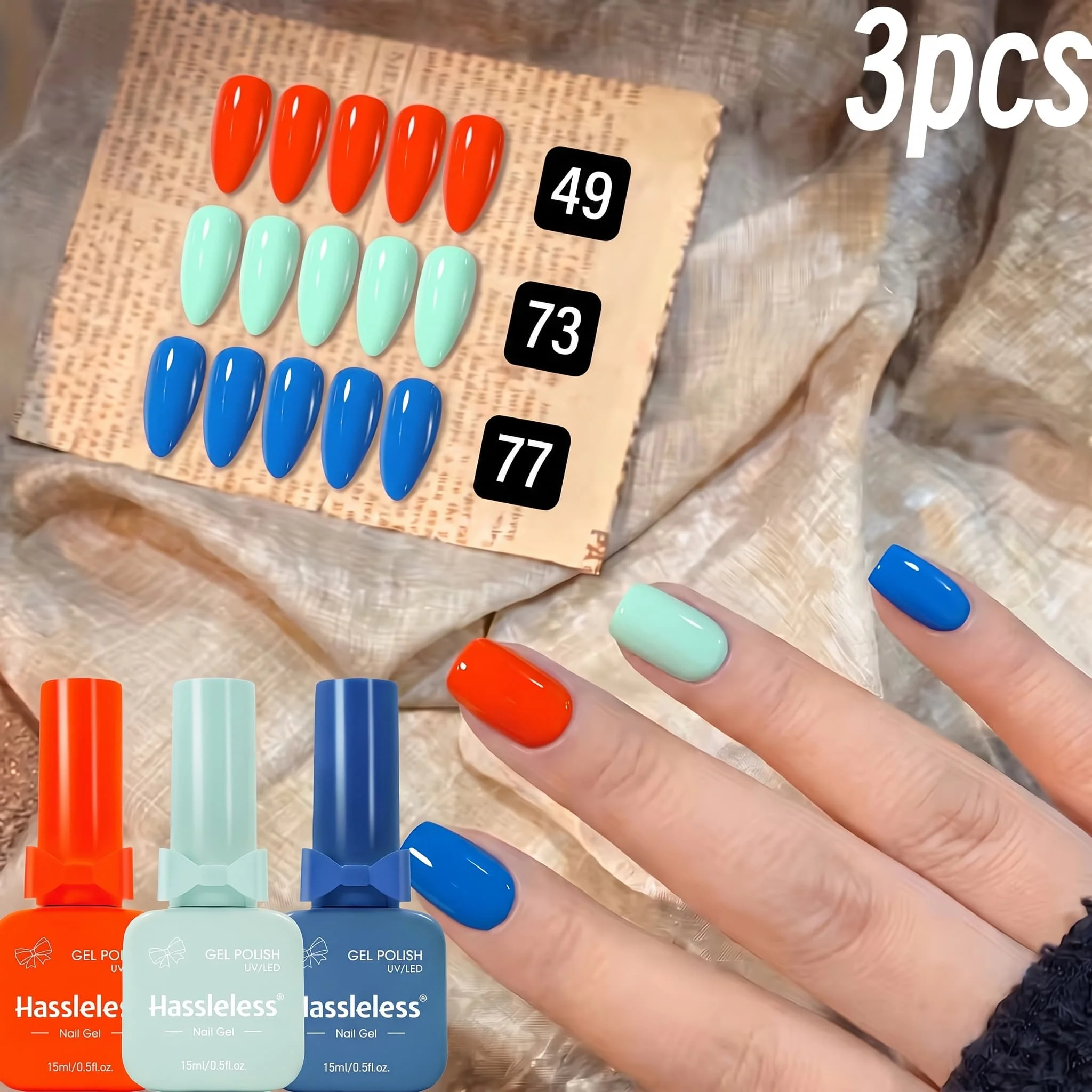 Hassleless Vibrant Bright Colors 3-Piece Gel Nail Polish Set 15ml Orange Mint Blue High Saturation Solid Color Gel Nail Polish Smooth and Delicate Texture, Long-Lasting, Resistant to Peeling DIY Nail Art Set for Home S