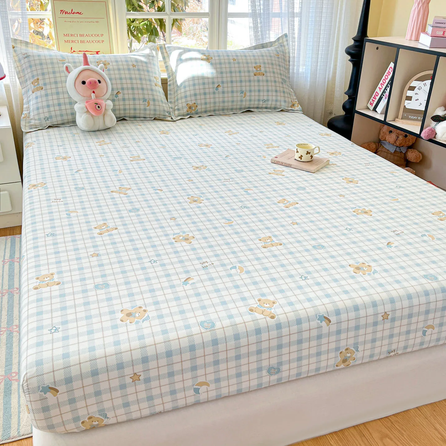 100%Cotton Bed Sheets Soft sabana para cama Single/Twin/Queen/King Size Cute Bear Printed Fitted Sheet sabanas matrimoniales