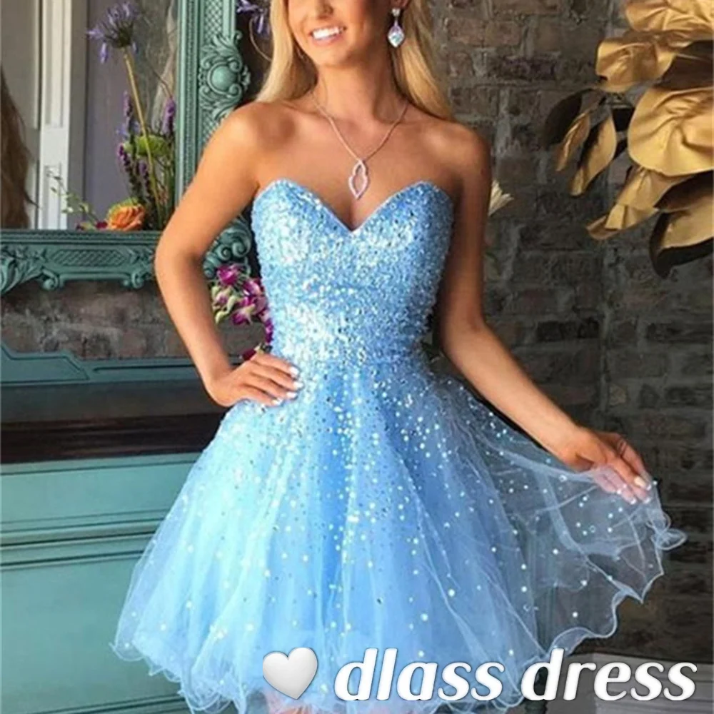 

Shiny Sweetheart Neck Light Sky Blue Mini Homecoming Dress For Women 2023 Sexy A Line Coaktail Party Dresses with Beads Sequins