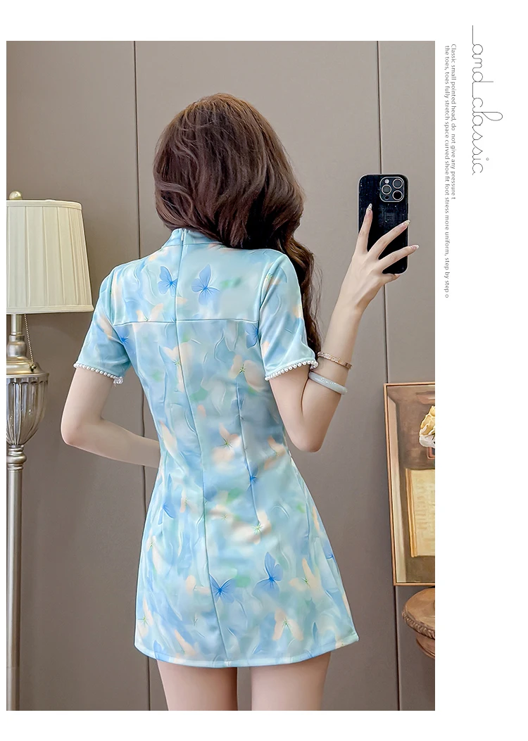 2026 Summer Hollow Out Cheongsam Sexy High Split Young Women Dress Floral Print Short Qipao For Petite Girls Chinese Traditional