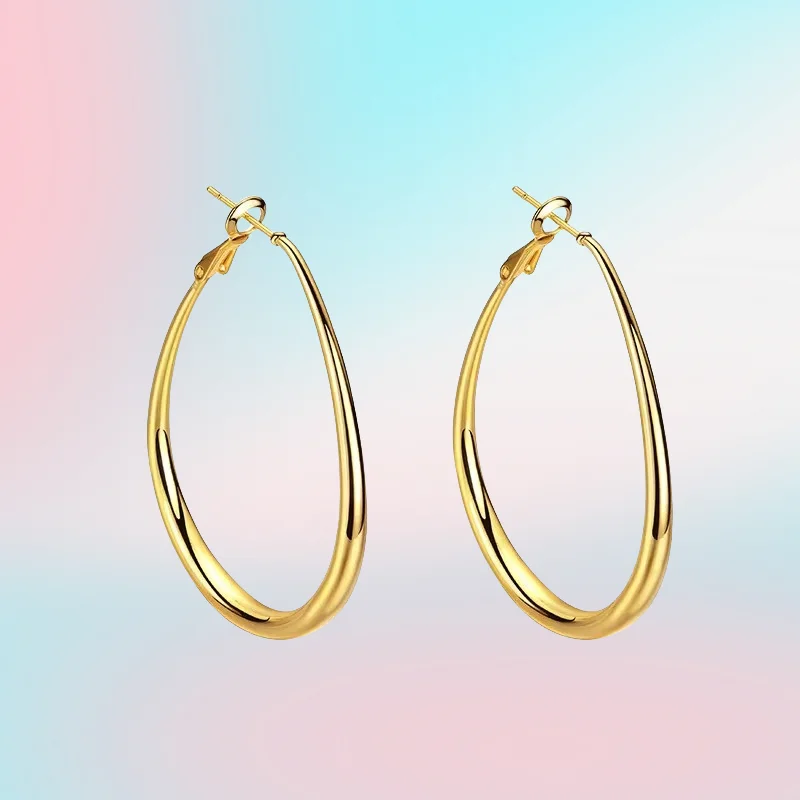

new 9999 Real Gold 24K Simple Temperament Oval Big Earrings Women's S92 Silver Needle Personality Retro Metal Wind Korean Water