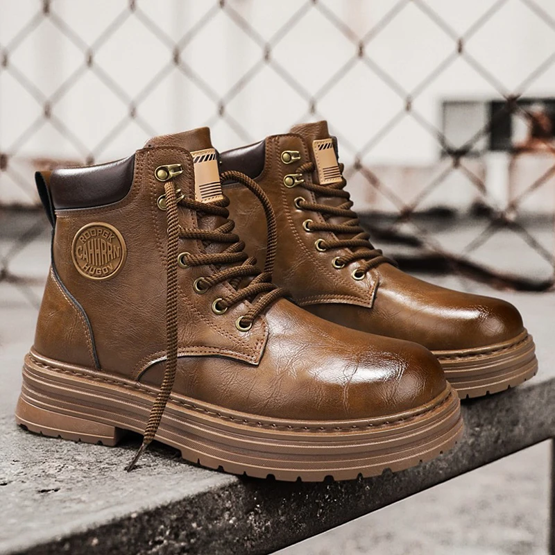 

Винтажные коричневые ботинки, мужские дизайнерские уличные мужские ботильоны, мотоциклетные ботинки на нескользящей платформе, мужская рабочая обувь botas masculina