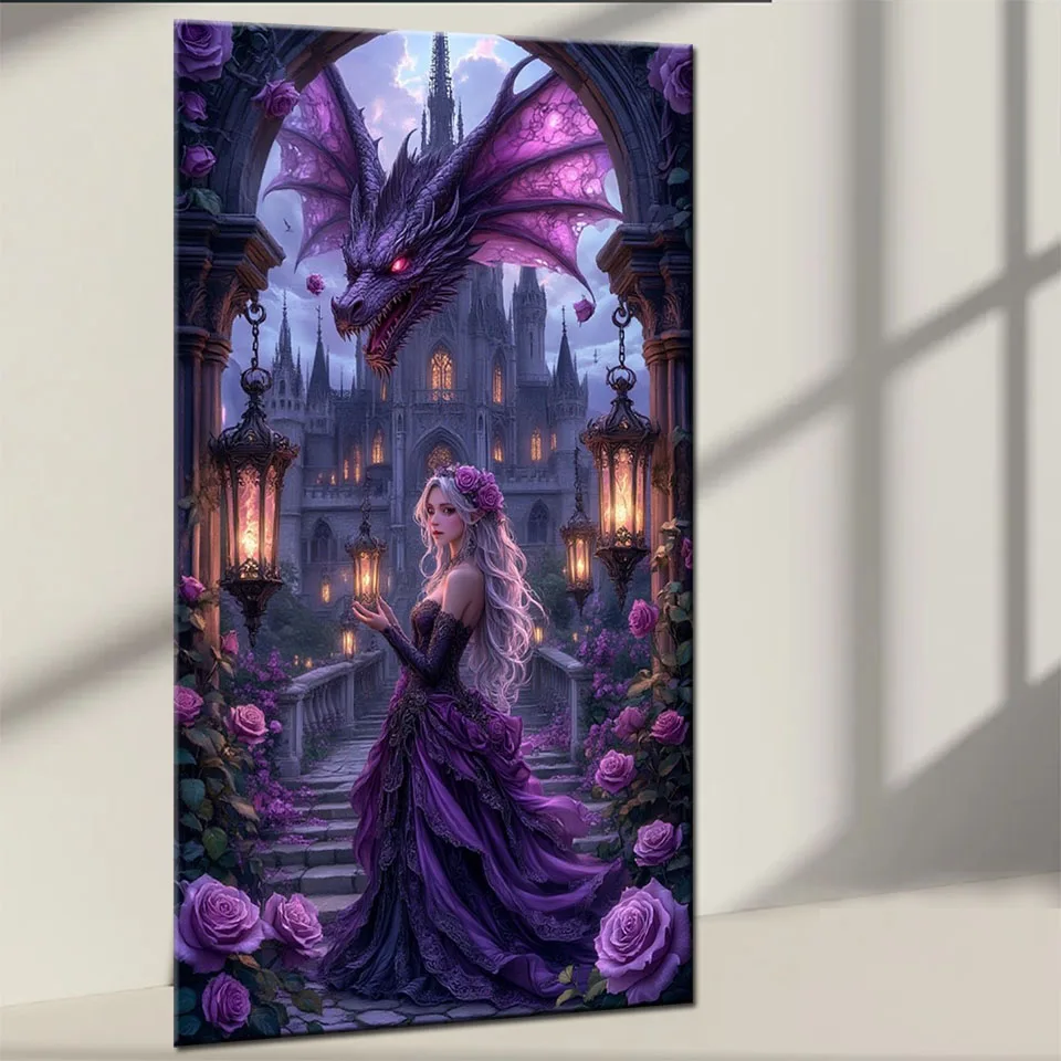 

Fantasy Purple Castle Dragon Woman Diy 5D Diamond Painting Kits New 2025 Full Diamond Art Accessories Big Size For Home Decor