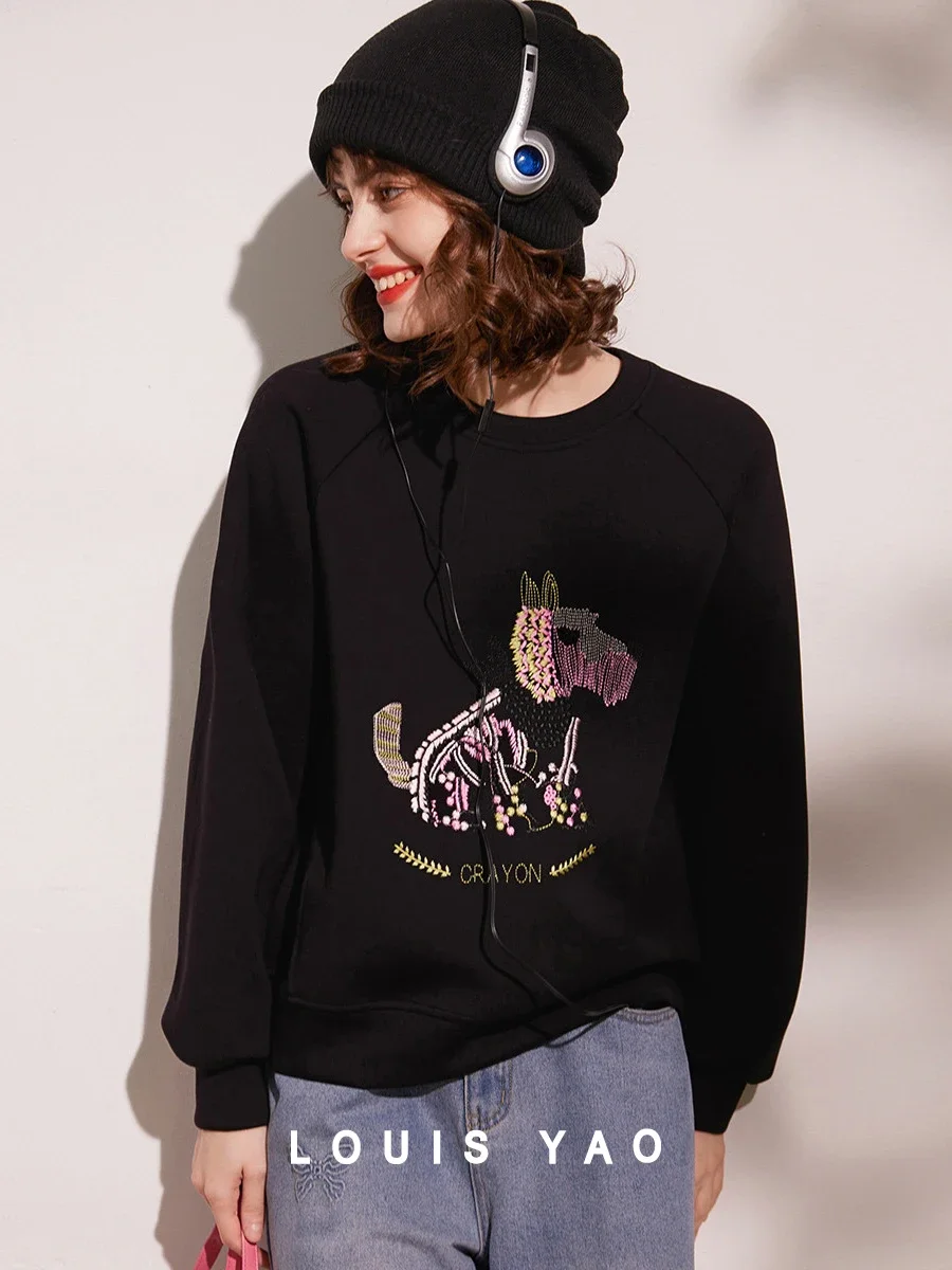 LOUIS YAO Women Hoodies 2024 Spring New Round Neck Long Sleeve Embroidered Dog Fashionable Casual Loose Fit Women Pullover Top