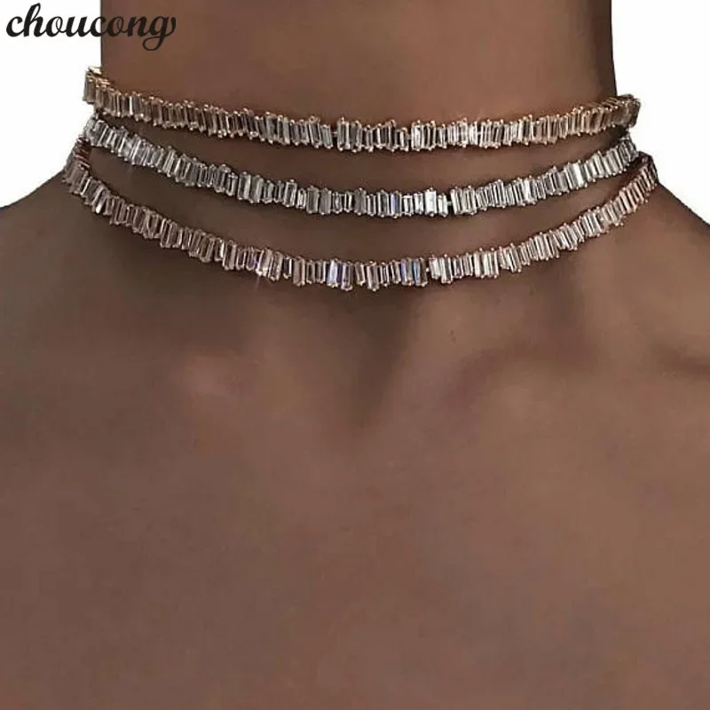 14K Gold Baguette Chocker Necklace AAAAA Zircon Party Wedding Necklaces for Women Statement Jewelry Gift