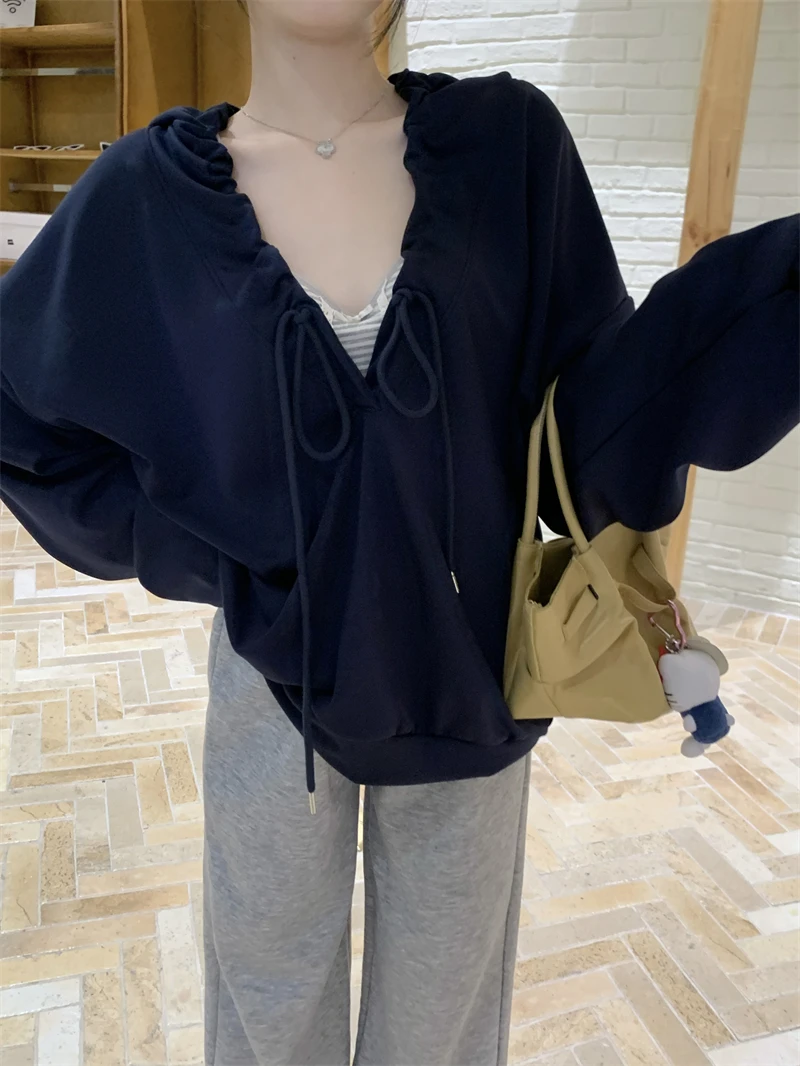 เสื้อฮู้ดทรงหลวมผู้หญิง สีฟ้า สไตล์ลำลอง อเนกประสงค์ สไตล์เกาหลี แขนยาว มีเชือกผูก ใส่สบาย สำหรับฤดูใบไม้ร่วงและฤดูหนาว สินค้ามาใหม่