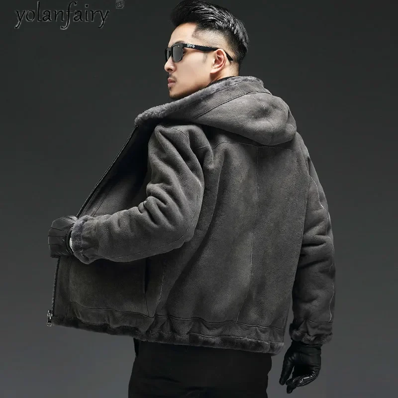 Winter Warm Hooded Reversible Jacket Men Real Fur Coat Hooded Naturacl Sheep Shearling Fur Coats  Man's Genuine Leather Jackets