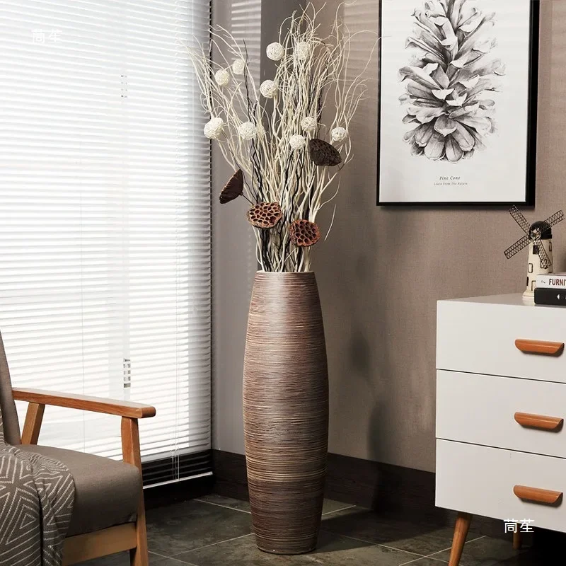 Floor-to-ceiling large vase living room decoration, modern simple light luxury European-style dried flower arrangement bouquet