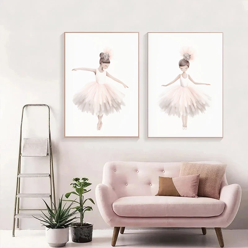 Pink Ballerina Toddler Ballet Girl Dance Cartoon Poster Wall Art Pictures Canvas Painting Nursery Baby Bedroom Home Decor