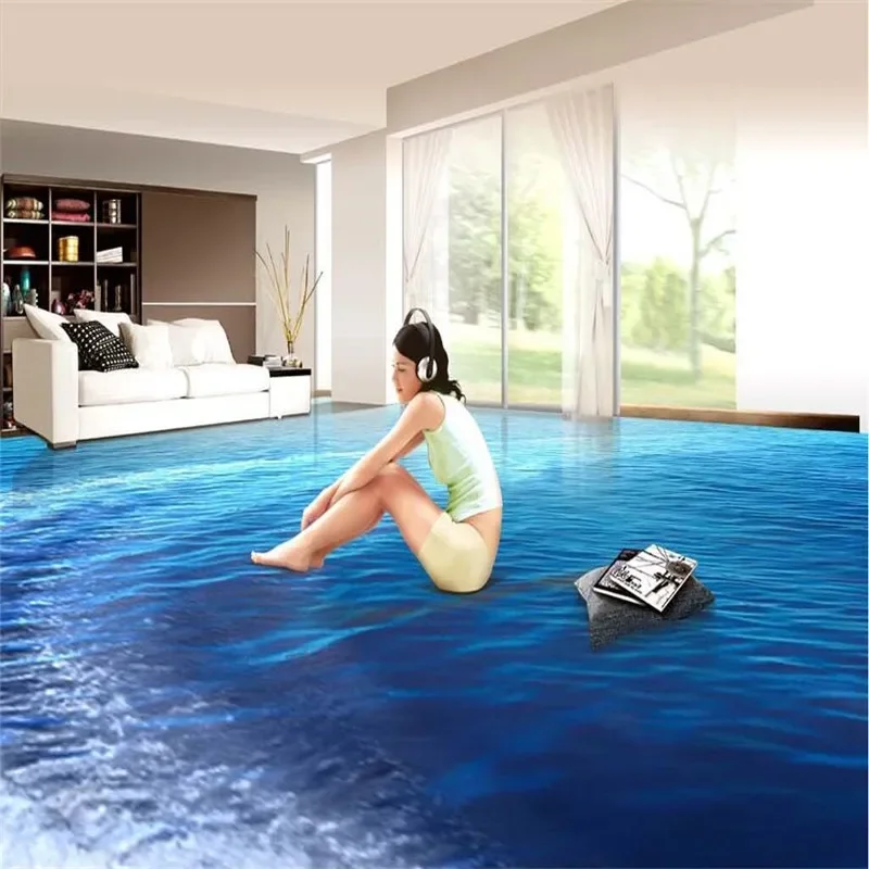 Modern Custom 3d flooring mural HD deep blue sea waves ripple non-slip waterproof thickened  PVC Wallpaper dolphin 3d flooring