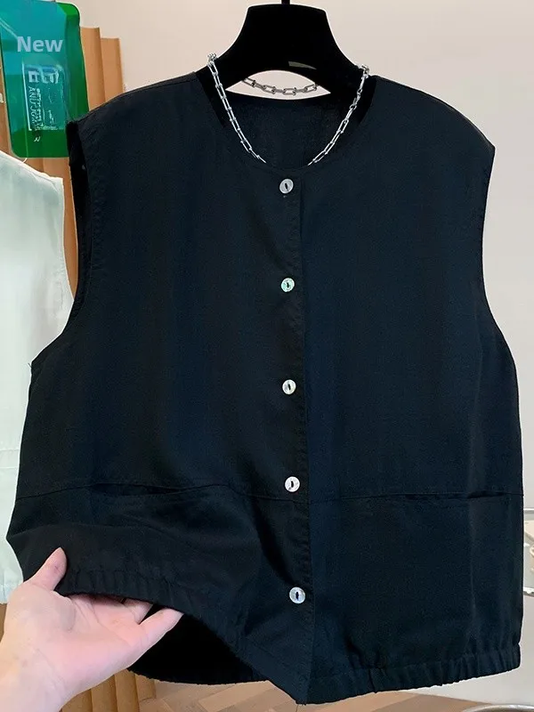 Elegant Summer Thin Sleeveless  Linen Vest Women's Fashionable Outerwear Shoulder Pad Top Layered Clothing