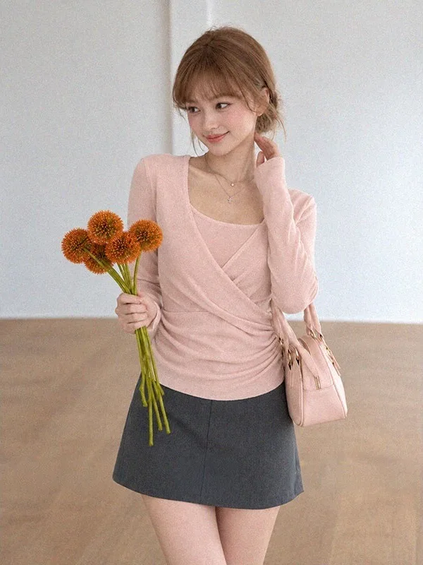 Pink Crossed Pleated Long Sleeve T-Shirt Women Early Autumn Waist Cinching Slimming Single Wear Korean Style Elegant Small Top