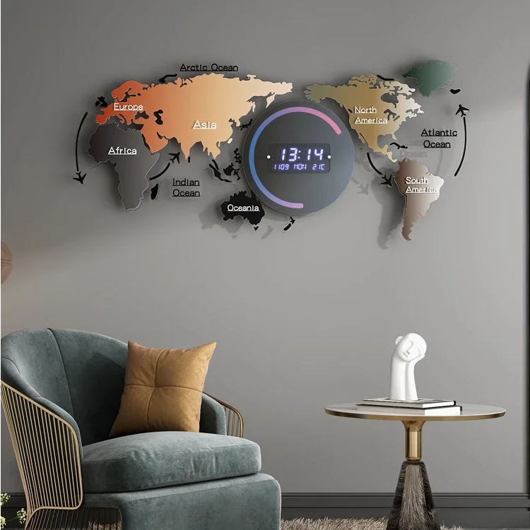 World Map Large Digital LED Wall Clock Electronic Modern Design Watch Calendar Thermometer Clocks Wall Home Decor Living Room