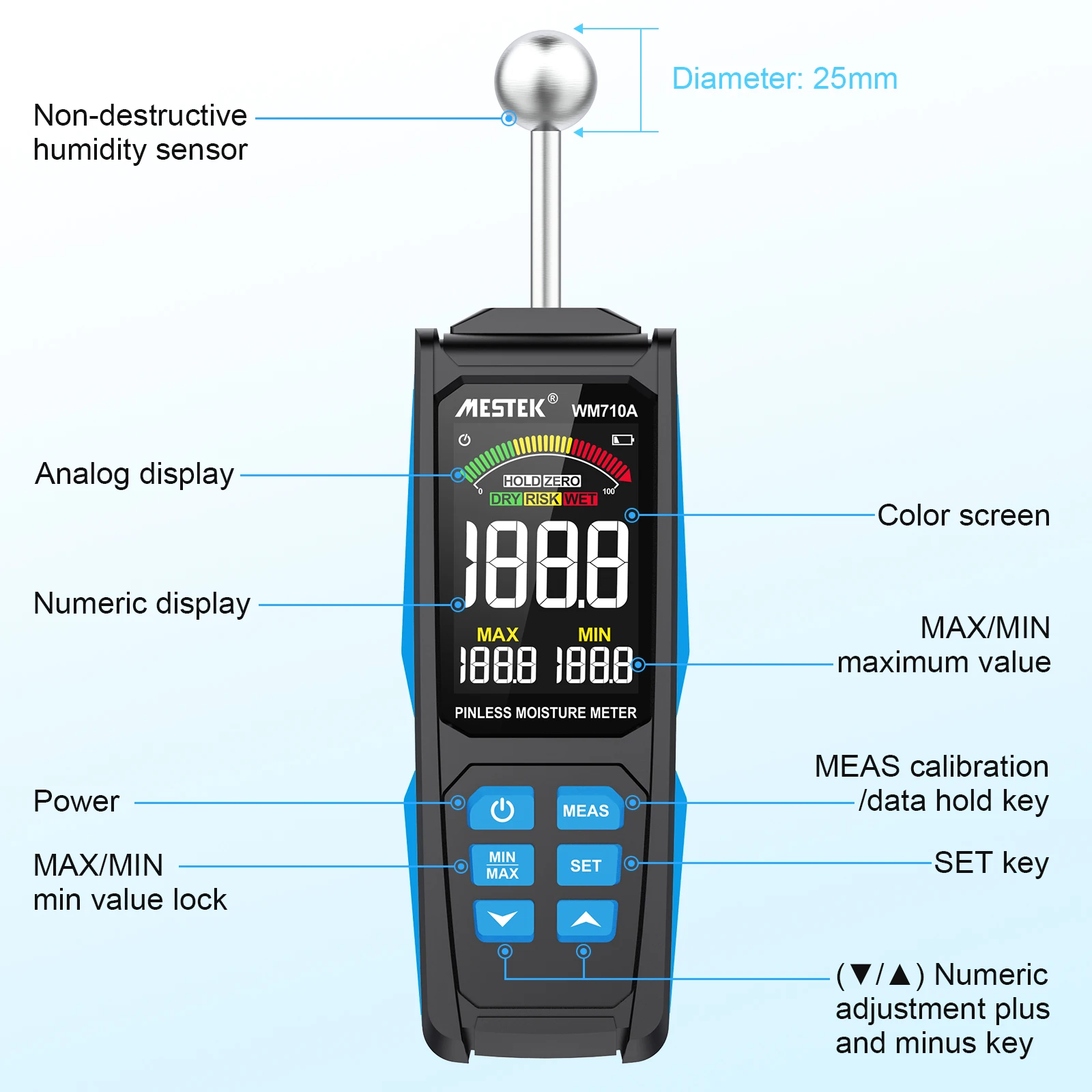 WM710A Digital Wood Moisture Meter Non-destructive Spherical Hygrometer Record Humidity Auto Detect Wettest Timber Damp Detector