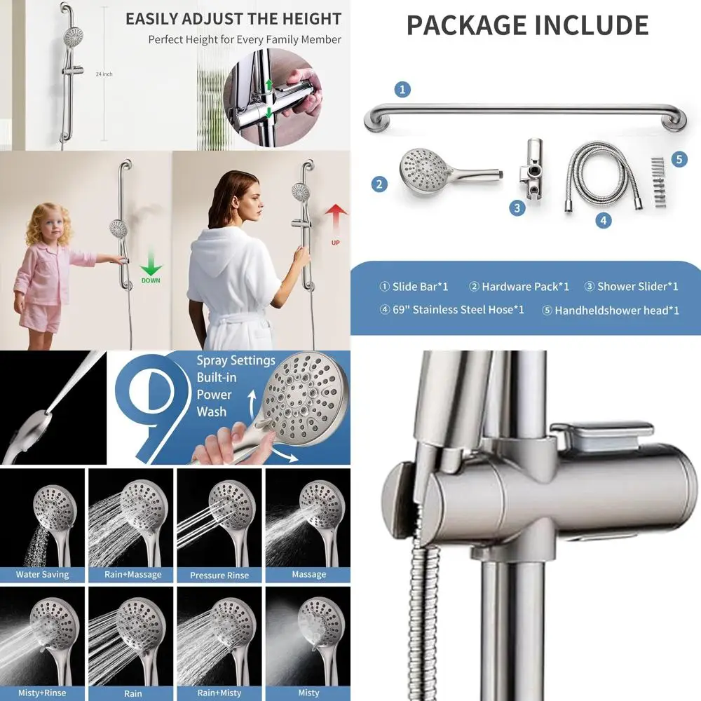 

ADA-Approved Brushed Nickel Shower Set with Handheld, Stainless Steel Bar, 69 Hose, Adjustable Height