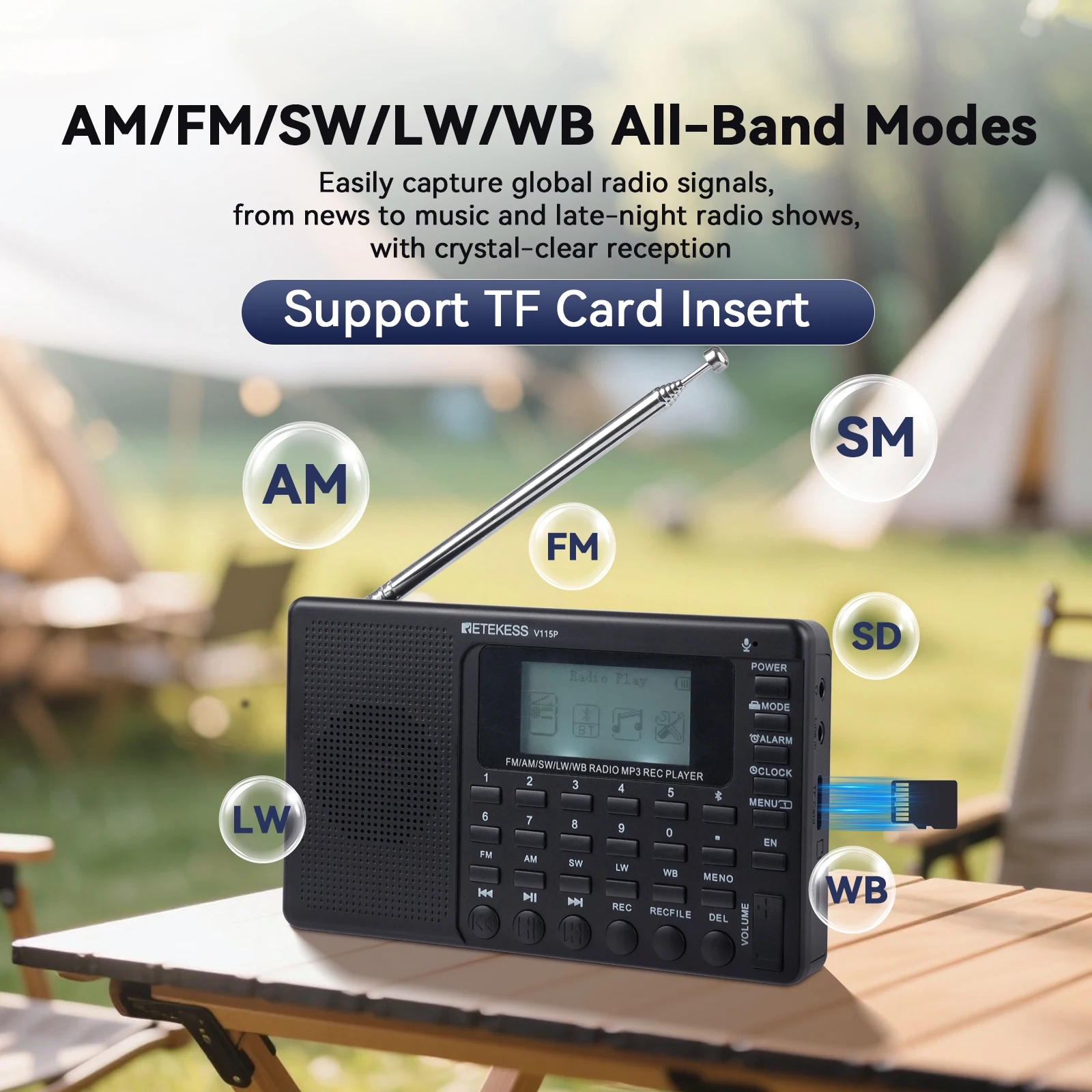 Retekess V115P Радио FM AM SW LW WB Портативные радиоприемники Перезаряжаемая коротковолновая радиостанция с питанием от аккумулятора Полноволновой USB-рекордер для подарка