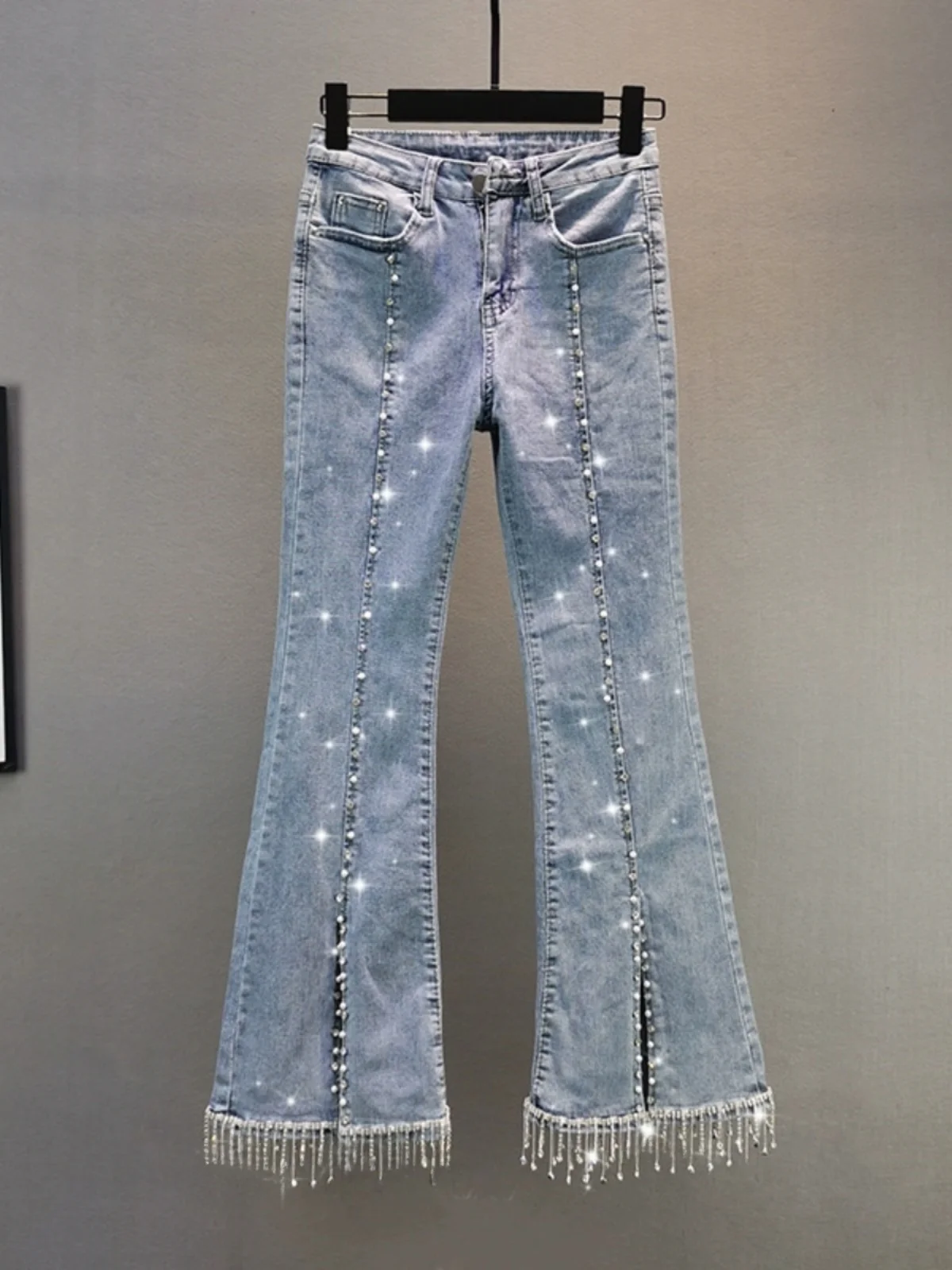 

High Waist Slim Fit Denim Jeans Women's Summer New Sle Water Diamond Tassel Cotton Elastic Wide Leg Micro Flared Pants