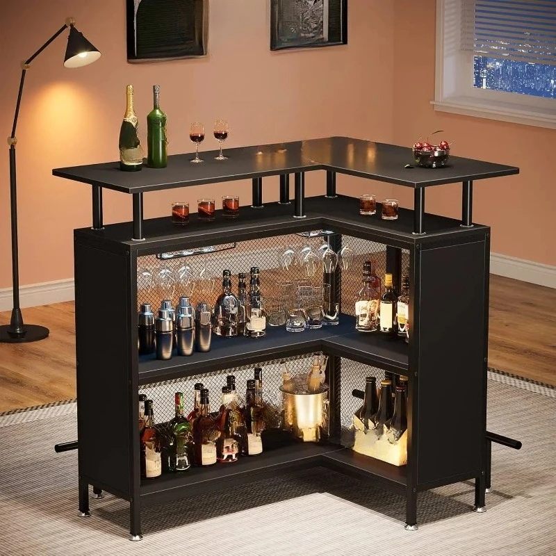 Home Bar L-Shaped Bar Table with Stemware Racks and 2-Tier Shelves, Corner Coffee Liquor Cabinet with Footrest for Home