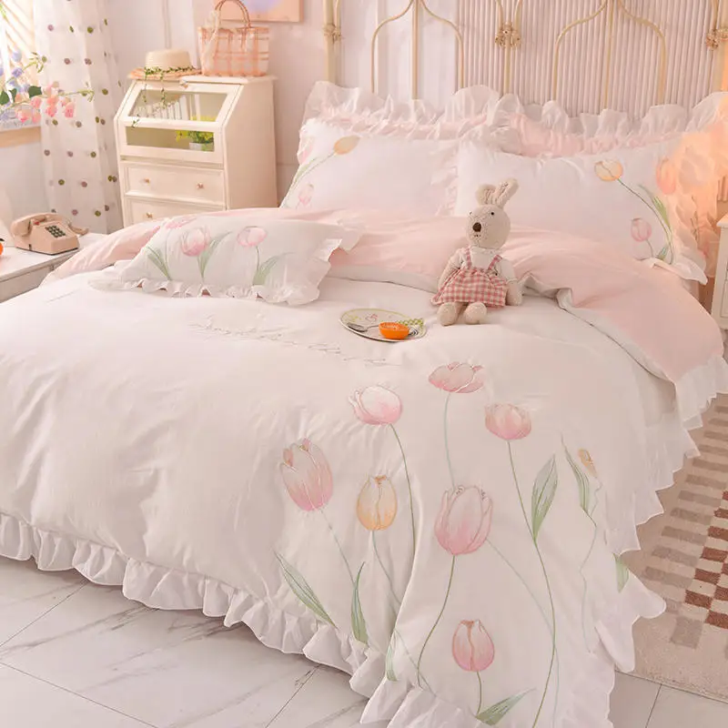 

Tulip Flowers Embroiderd Duvet Cover Set 4pcs Solid Color Washed Cotton Princess Bedding Bed Skirt Bedspread Sheet Pillowcases