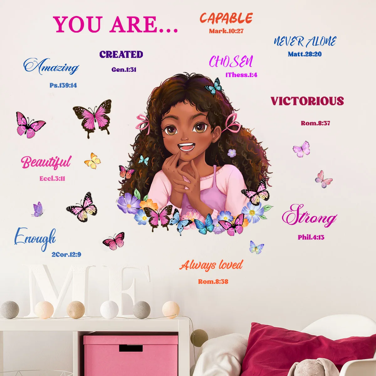 Cartoon black girl butterfly flower sticker for kids room living room decoration self adhesive wall decor