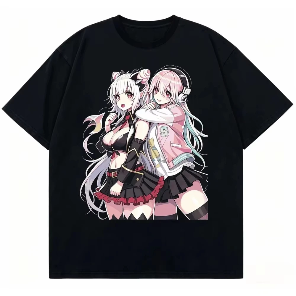 Unisex Loose Crew Neck Short Sleeve T-shirt with Super Sonico Anime Graphic, Vintage Washed Manga Merchandise T-shirt