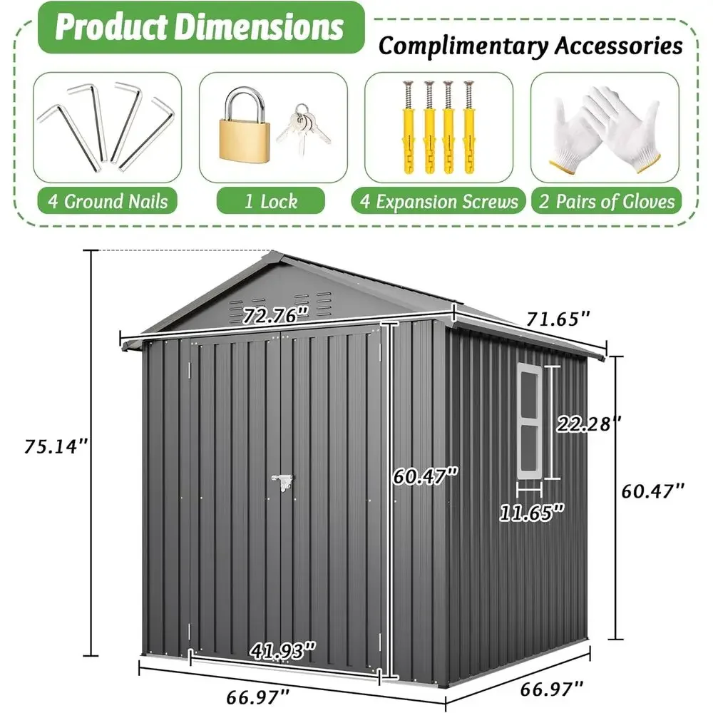 6x6 Galvanized Steel Outdoor Storage Shed with Lockable Door, Sloping Roof, and Clear Window for Garden Tools, Backyard, Patio, view 2