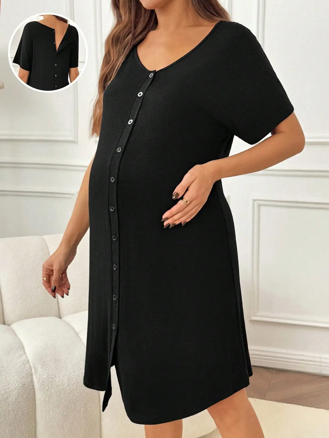 

Black Maternity Short Sleeve Button-Front Nightdress for Comfortable Sleep & Lounge