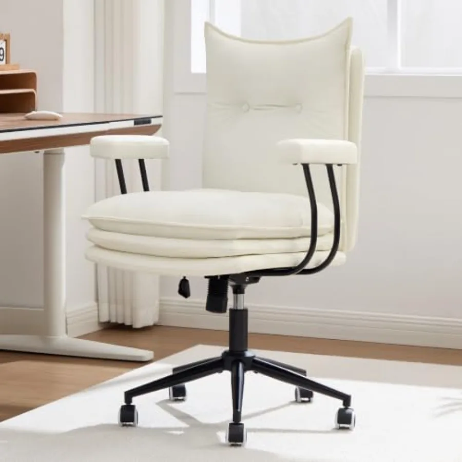 Leather Office Chair for Home Office Use, Genuine Leather in Beige, Detachable Armrests and 360 Swivel for Enhanced Ergonomic S