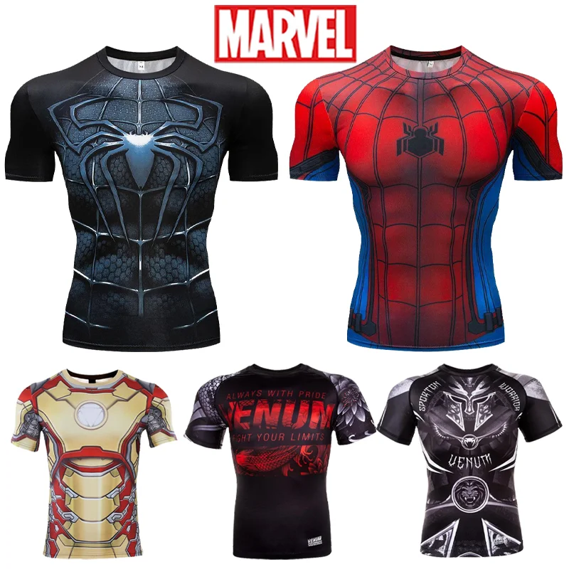 Marvel Spiderman Iron Man T-Shirt Superheroes Trendy Print T-shirt Man Gym Workout Quick-drying Tight Fitting Sportswear Clothes