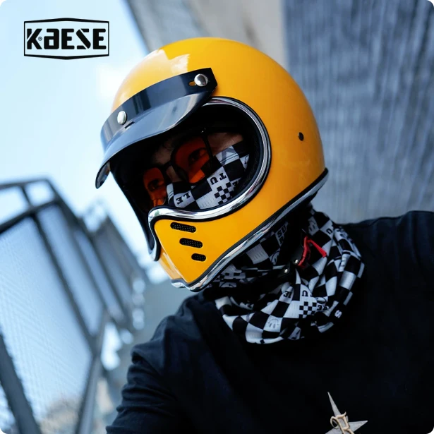 KAESE Retro Creamy Yellow Full Face Motorcycle Helmet Unisex Eagle‑Beak Design Helmet For Cruiser Chopper Street Commuter Off