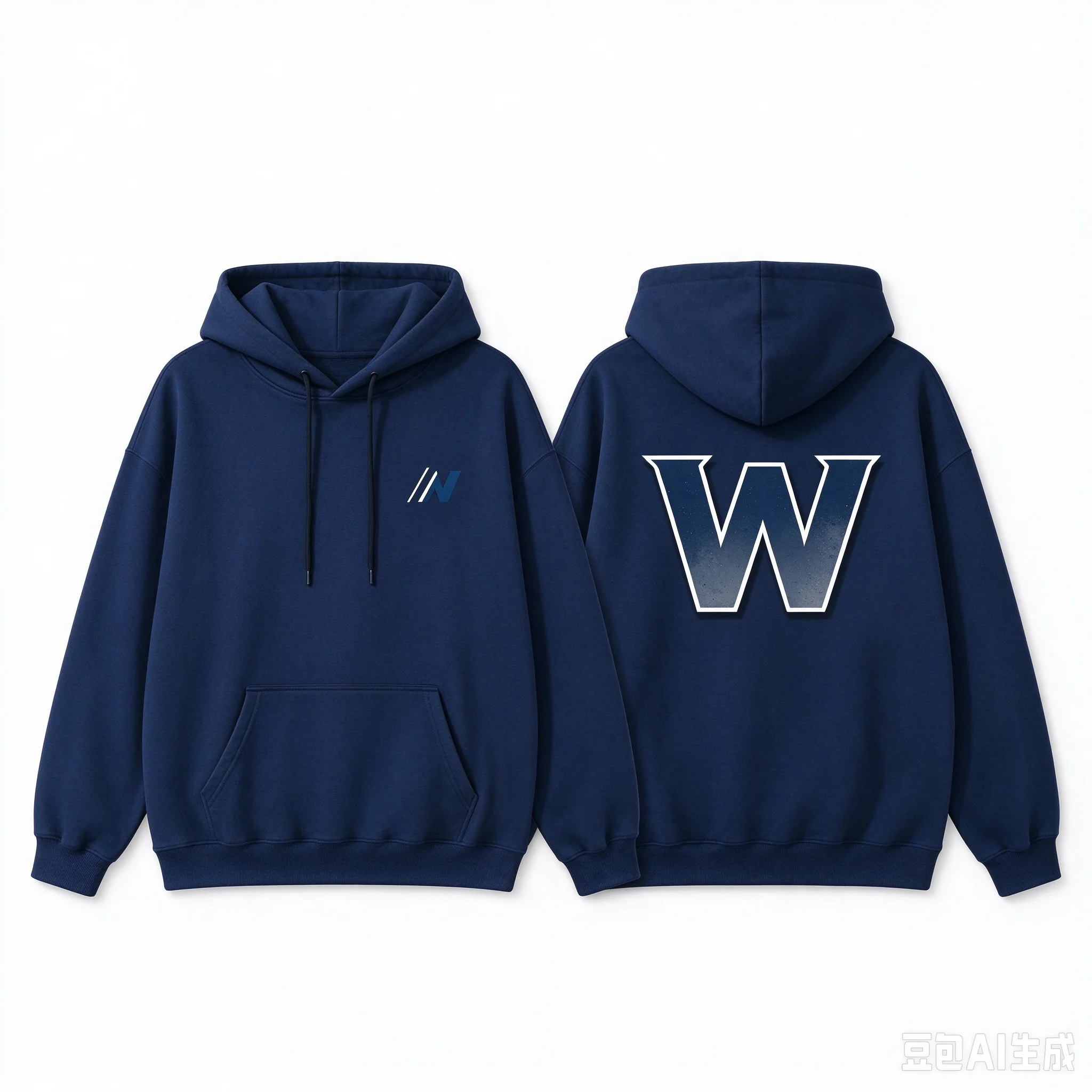 Men's Loose Drawstring Hoodie, Right Chest Small Logo, Back Large W Graphic Pullover, Streetwear Casual Sweatshirt
