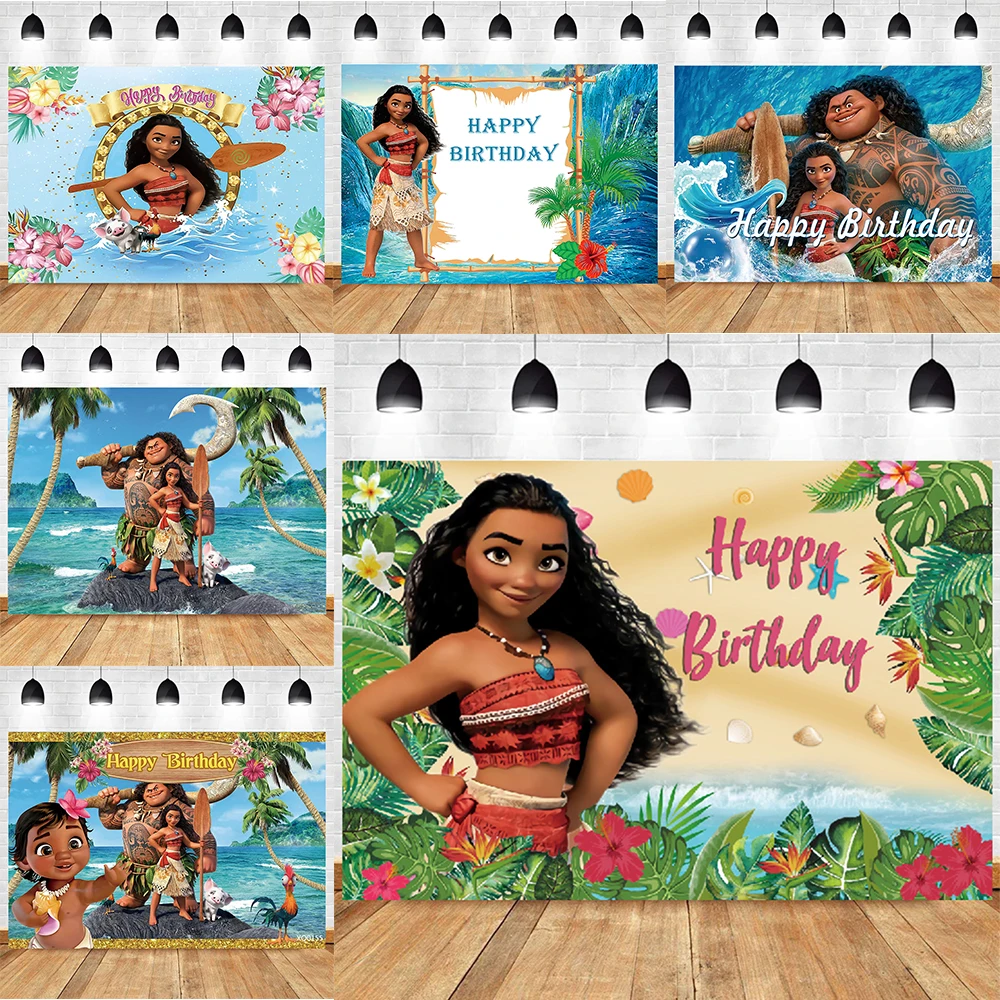 Moana Backdrops tema anak perempuan pesta ulang tahun putri dekorasi Baby Shower hadiah spanduk Vaiana kartun latar belakang fotografi