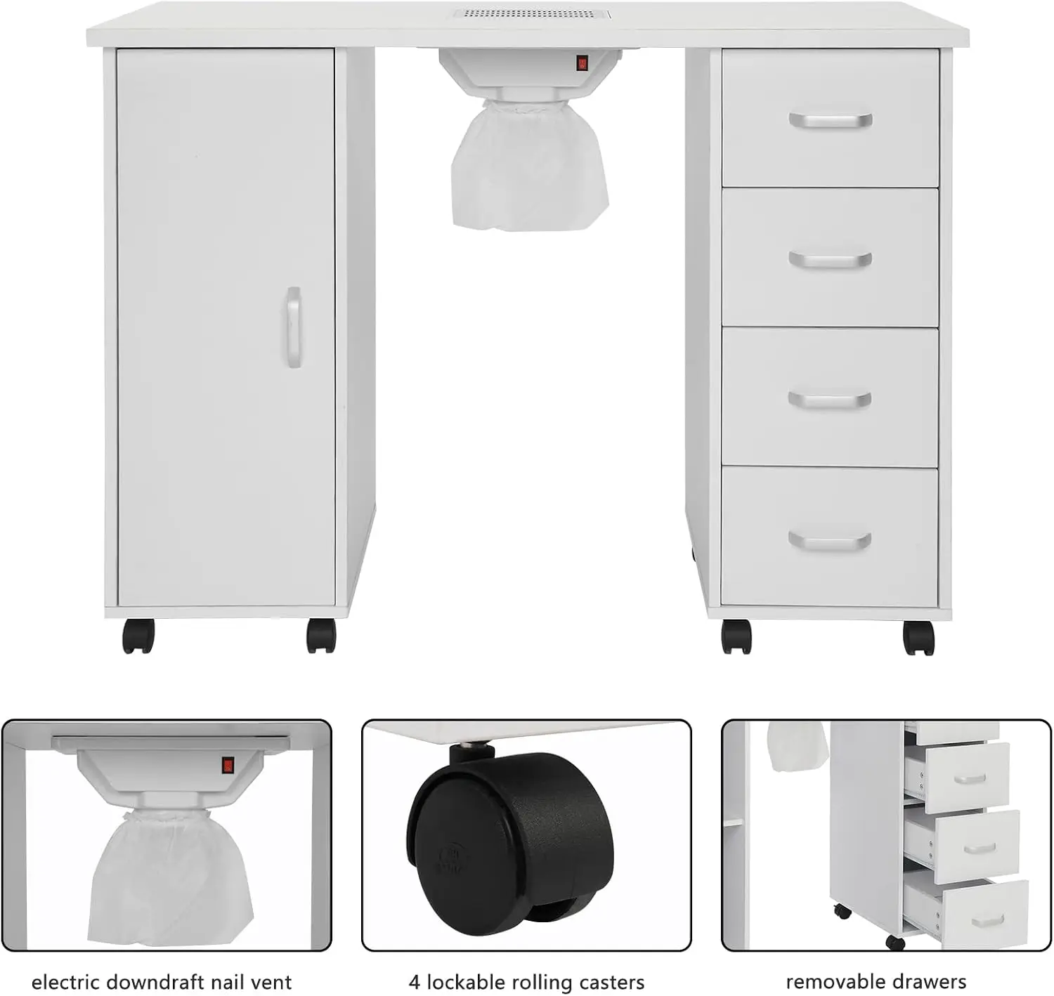 Manicure Nail Table, White Salon Desk with Dust Collector, 4 Drawers | Side cabinet, removable drawers, rolling casters