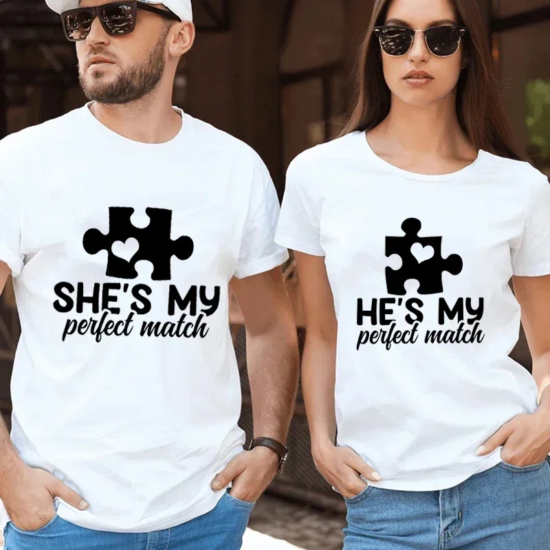 

Summer Anniversary Matching Couple Cotton T Shirt for Lovers He's She's My Perfect Match Printed T Shirts Unisex Couples Tops